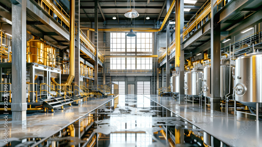 A large brewery showcases stainless steel equipment, yellow pipes, and a striking staircase, blending functionality with industrial elegance A large brewery showcases stainless steel equipment, yellow pipes, and a striking staircase, blending functionality with industrial elegance