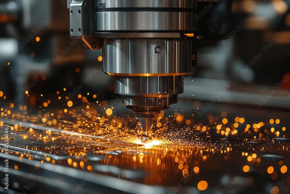 hightech cnc milling machine in action precise metalworking sparks flying robotic arm movements industrial setting futuristic manufacturing complex machinery details hightech cnc milling machine in action precise metalworking sparks flying robotic arm movements industrial setting futuristic manufacturing complex machinery details