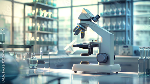 A modern laboratory showcases a sleek microscope, with vibrant glass dishes neatly arranged on bright shelves under natural light