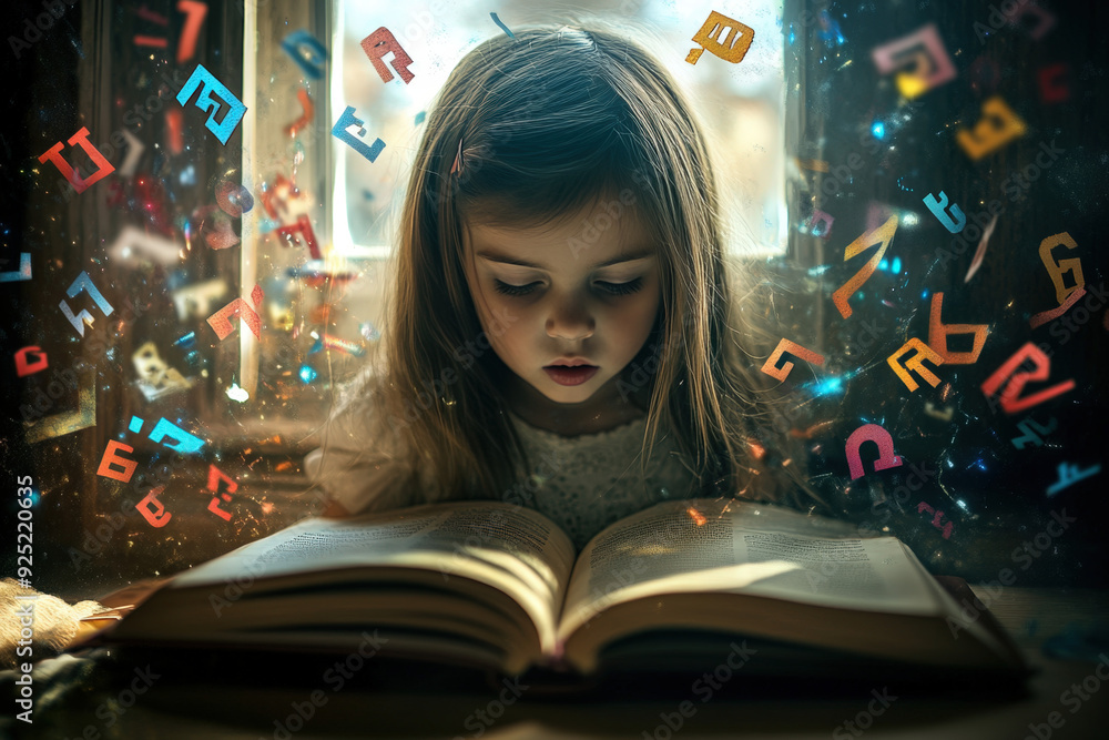 Young girl is reading a book as letters float around her, symbolizing the challenges of dyslexia Young girl is reading a book as letters float around her, symbolizing the challenges of dyslexia
