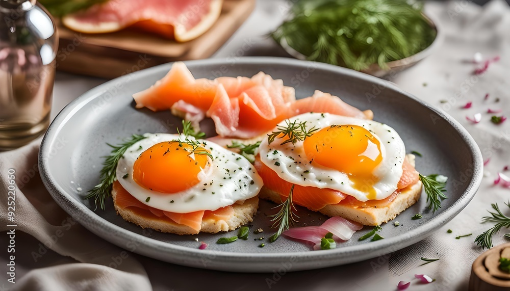healthy brunch top with smashed egg, pickled onion and smoked salmon
healthy brunch top with smashed egg, pickled onion and smoked salmon