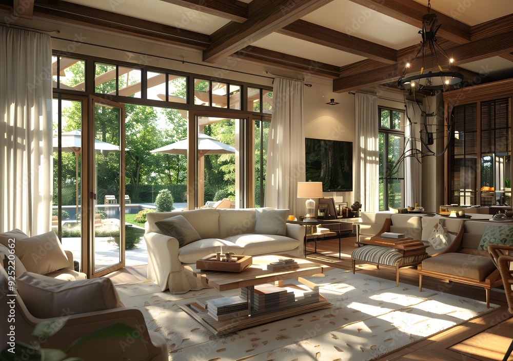 Fototapeta premium Modern Living Room With Large Windows and Wooden Beams