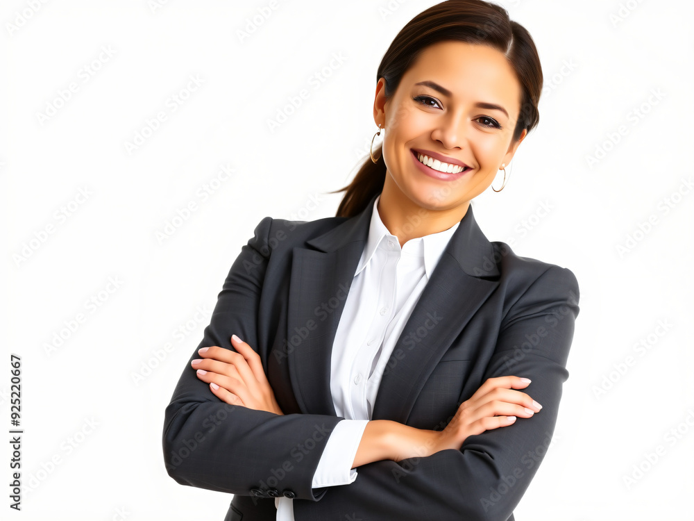 A confident businesswoman wearing a tailored suit, smiling warmly with her arms crossed. The white background emphasizes her professionalism and approachable demeanor. A confident businesswoman wearing a tailored suit, smiling warmly with her arms crossed. The white background emphasizes her professionalism and approachable demeanor.