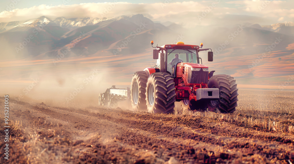 A powerful tractor cultivates a vast field, generating clouds of dust against a stunning mountainous backdrop in a rural setting A powerful tractor cultivates a vast field, generating clouds of dust against a stunning mountainous backdrop in a rural setting