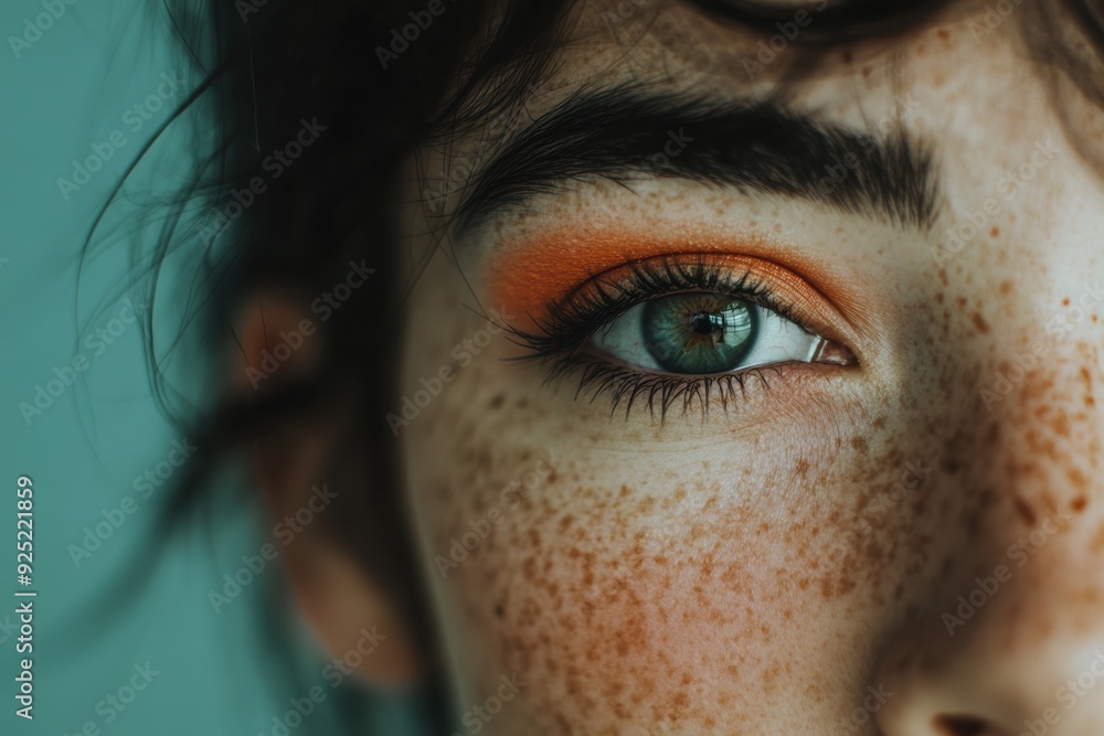 Close-up of vibrant green eye with orange eyeshadow Close-up of vibrant green eye with orange eyeshadow