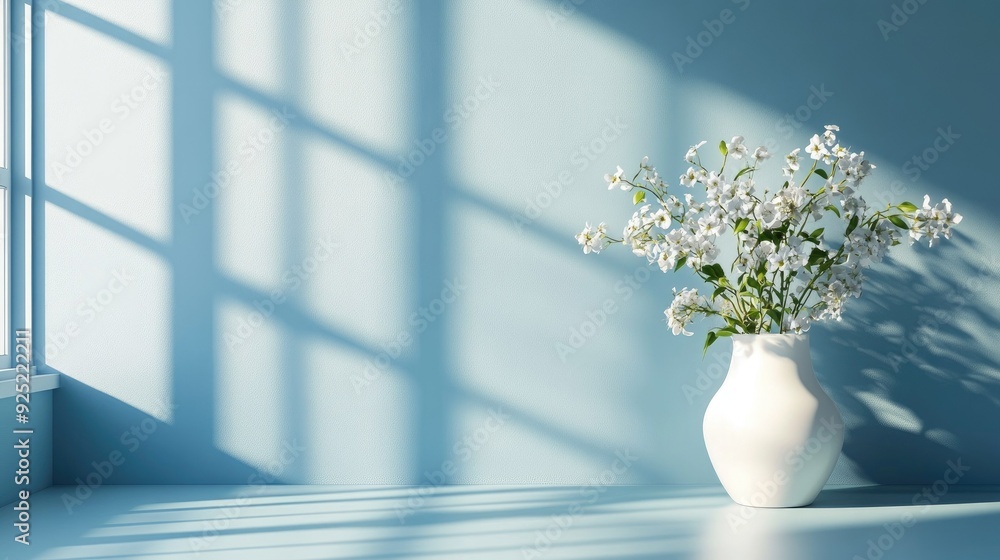 A serene blue room with a large window, letting in natural light, and a white vase with fresh flowers on a table A serene blue room with a large window, letting in natural light, and a white vase with fresh flowers on a table