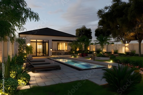 Modern Backyard With Swimming Pool And Patio
