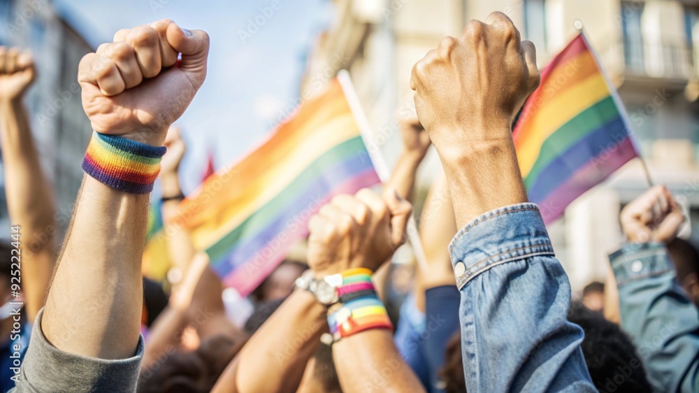 close up pride fists hands of crowd of people on street close up pride fists hands of crowd of people on street