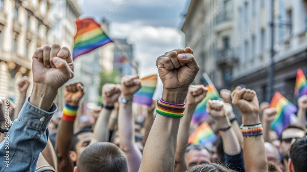 close up pride fists hands of crowd of people on street close up pride fists hands of crowd of people on street