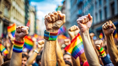 close up pride fists hands of crowd of people on street