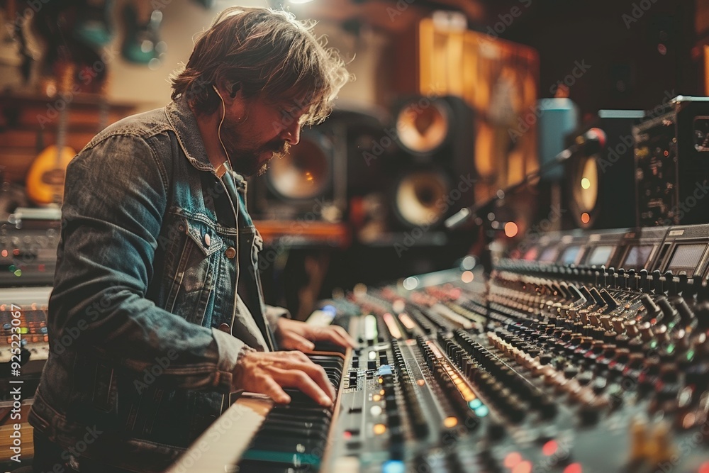 A person wearing a denim jacket operates a sophisticated mixing console in a recording studio, surrounded by various audio equipment and guitars, focused on adjusting levels. A person wearing a denim jacket operates a sophisticated mixing console in a recording studio, surrounded by various audio equipment and guitars, focused on adjusting levels.