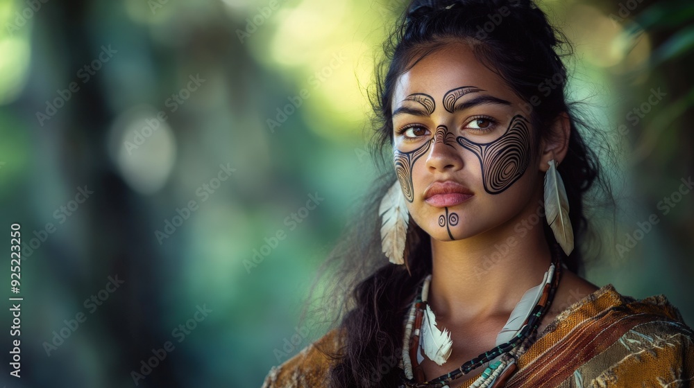 A young Maori woman with intricate facial tattoos and traditional jewelry stands among greenery, exuding strength and cultural heritage A young Maori woman with intricate facial tattoos and traditional jewelry stands among greenery, exuding strength and cultural heritage