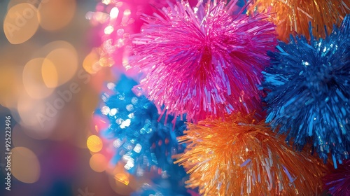 Bright and colorful cheerleader pom-poms with shiny, metallic streamers, adding energy and excitement to sports events and cheerleading routines. photo