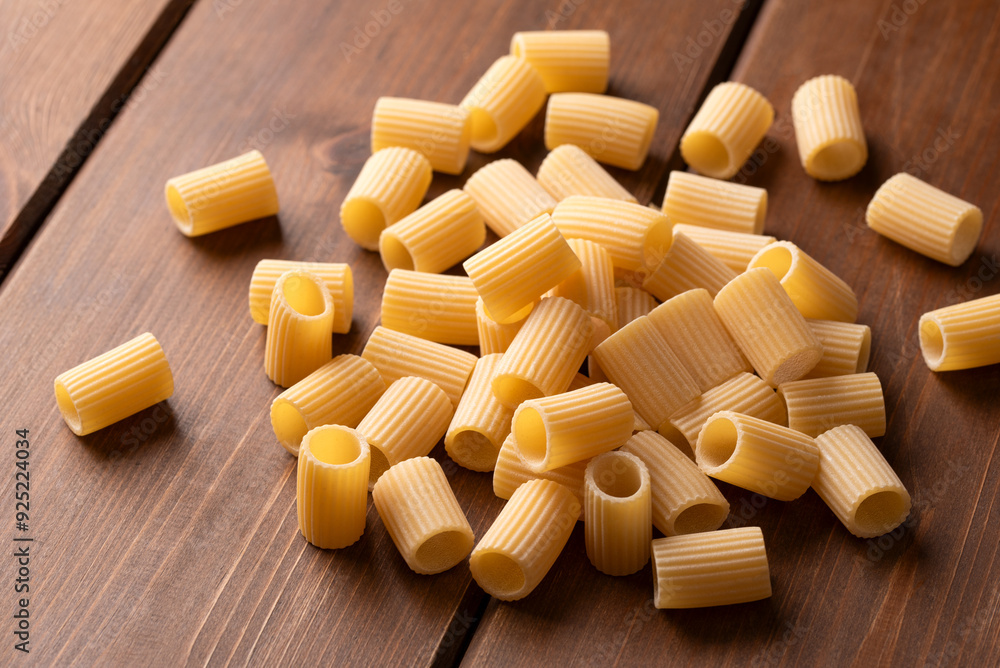 Mezzi rigatoni crudi su sfondo di legno, formato di pasta italiana, gastronomia europea Mezzi rigatoni crudi su sfondo di legno, formato di pasta italiana, gastronomia europea