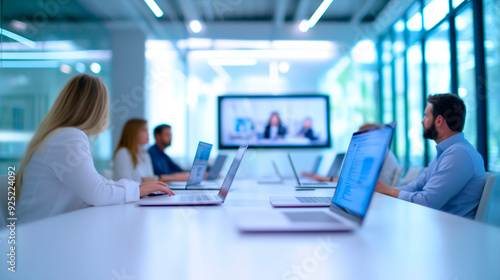 Business meeting conducted via video conference, with participants using laptops and large screens to collaborate across different locations, reflecting the global and connected na