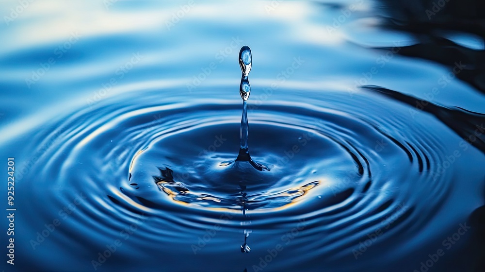 A single water drop creates a splash in a pool of blue liquid, with ripples extending outward A single water drop creates a splash in a pool of blue liquid, with ripples extending outward