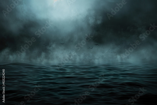 A dark, stormy ocean with a misty haze in the background, generative ai image.