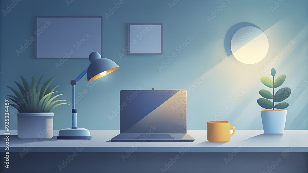 Modern Home Desk Work Place, With Laptop, Desk lamp and plant, Background concept. Modern Home Desk Work Place, With Laptop, Desk lamp and plant, Background concept.