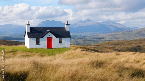 A small house with a vivid red door, perched on a grassy hill, with mountains visible in the background