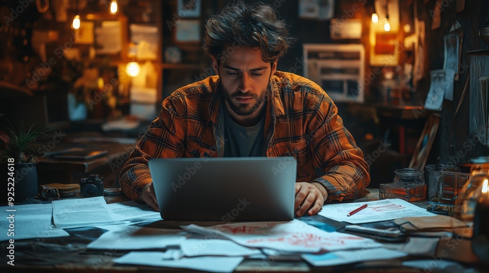 Journalist Reviewing and Editing an Article on a Laptop Screen, with Red Pen Marks on a Printed Draft Beside the Keyboard in a Quiet, Focused Workspace Journalist Reviewing and Editing an Article on a Laptop Screen, with Red Pen Marks on a Printed Draft Beside the Keyboard in a Quiet, Focused Workspace