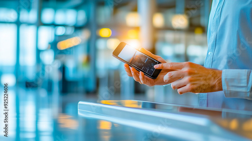 Traveler using an e-ticket on a smartphone, passing through airport security with ease, the scene is modern and efficient, demonstrating the convenience of digital travel technolog