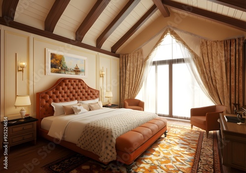 Luxury Bedroom Interior Design With Wooden Beams And Large Windows