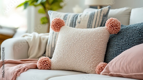 decorative pillow with oversized pom-poms along the edges, adding a touch of whimsy and texture to a living room or bedroom