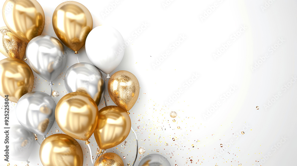 Gold, silver and white balloons with golden confetti on white background at a birthday party celebration. Gold, silver and white balloons with golden confetti on white background at a birthday party celebration.