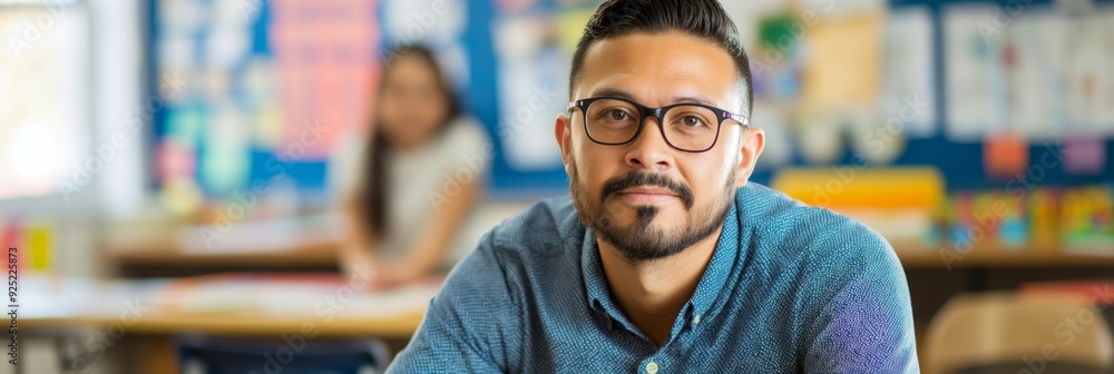 A man with glasses and a blue shirt is sitting in a classroom, looking directly at the camera with a focused expression. A man with glasses and a blue shirt is sitting in a classroom, looking directly at the camera with a focused expression.