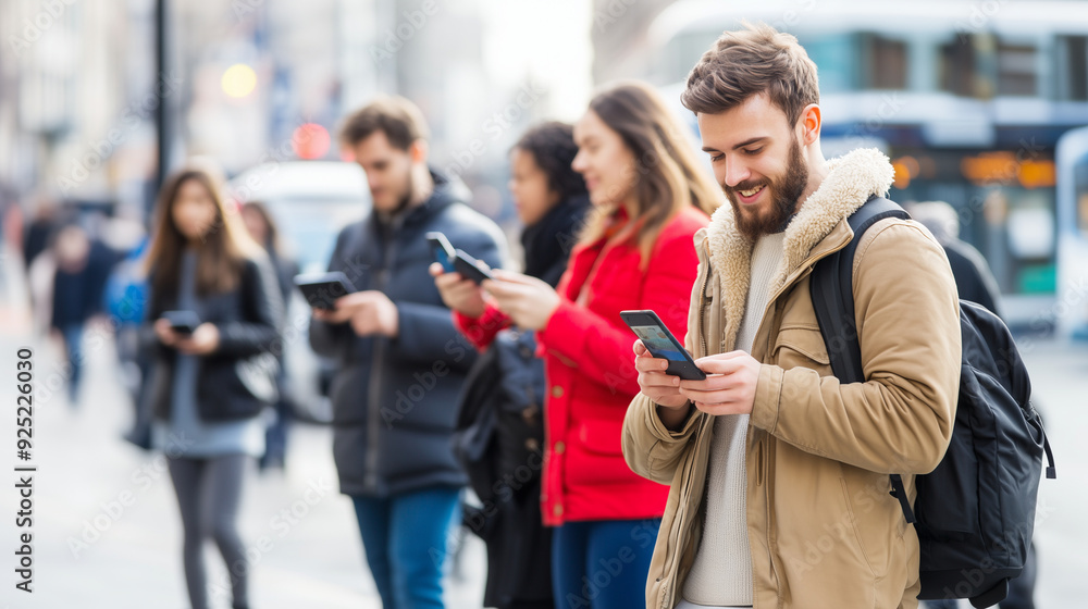 Busy urban street with commuters using smartphones, accessing public transport apps and contactless payment systems, highlighting the role of mobile technology in daily city life, Busy urban street with commuters using smartphones, accessing public transport apps and contactless payment systems, highlighting the role of mobile technology in daily city life,
