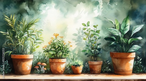 Watercolor potted plants in a serene garden - generative ai