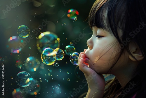 a little girl blowing bubbles in the air