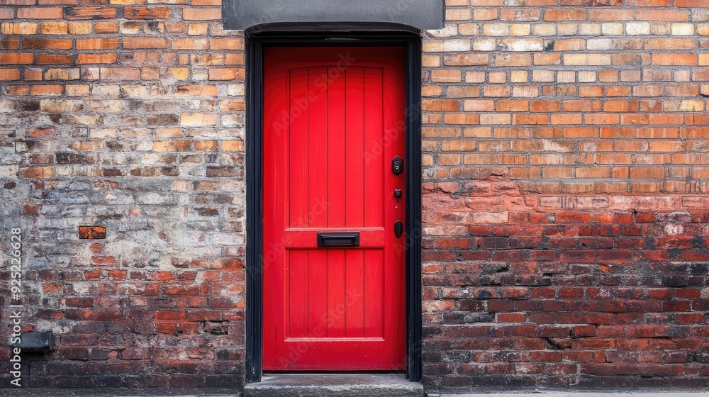 A striking red door with a black handle set against the textured backdrop of an old brick building, exuding charm and character A striking red door with a black handle set against the textured backdrop of an old brick building, exuding charm and character