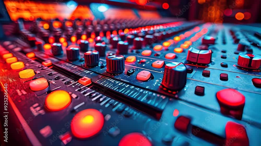 A close-up of a music synthesizer keyboard with colorful bokeh lights in the background A close-up of a music synthesizer keyboard with colorful bokeh lights in the background