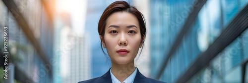 A businesswoman dressed in a professional suit stands confidently in an urban cityscape, representing success and leadership in the corporate world. photo