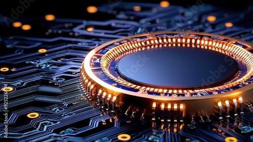 Wallpaper Mural Close-up of a futuristic microchip on a circuit board, showcasing intricate patterns and glowing lights for technology enthusiasts. Torontodigital.ca