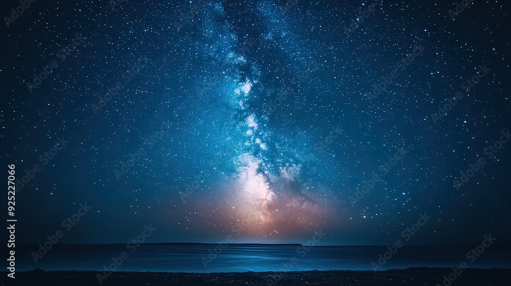 Starry night sky over the ocean with the Milky Way prominently visible ...