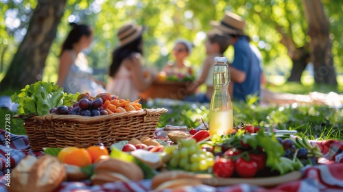 Lush green park with healthy snacks and a joyful family picnic in the background. photo