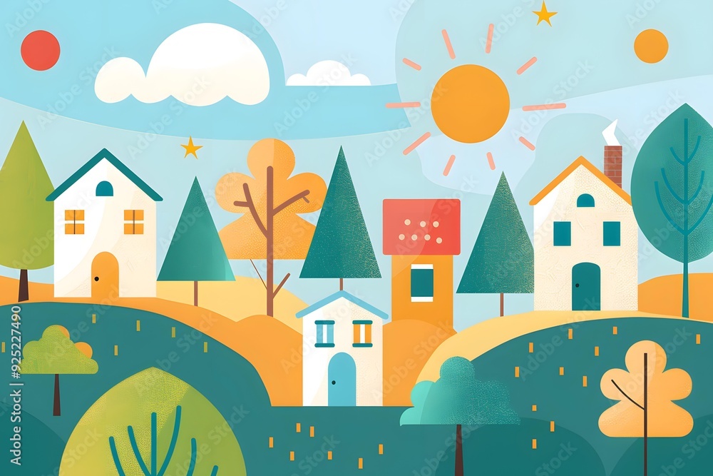 Cute Cartoon Illustration of a Village in the Summer Cute Cartoon Illustration of a Village in the Summer