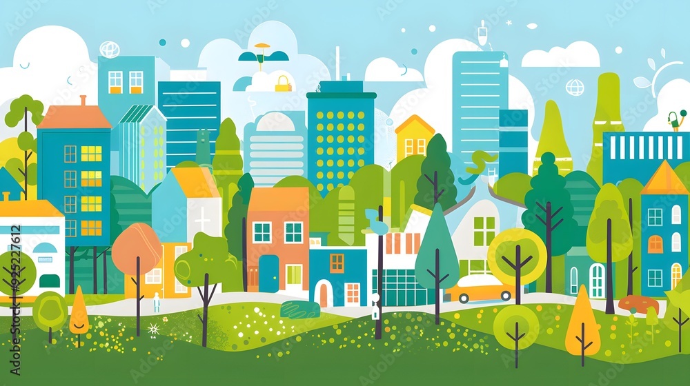 Green City Illustration With Buildings and Trees Green City Illustration With Buildings and Trees