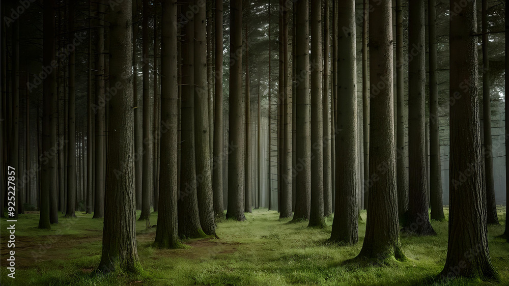 Naklejka premium A dense forest with towering green trees, sunlight filtering through the thick canopy.