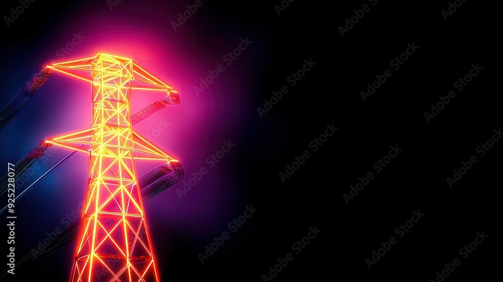 Obraz premium A vibrant neon representation of a power tower, showcasing modern energy infrastructure against a dark backdrop.