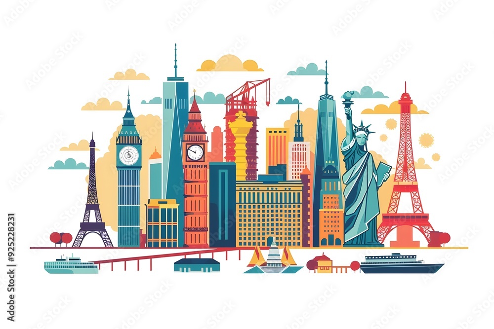 Naklejka premium Famous Landmarks Skyline Illustration