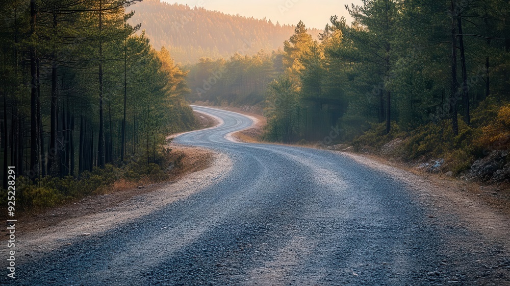 Fototapeta premium Gravel road in pine forest, rustic and rural charm