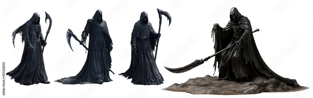 Set of Grim Reaper 3D Render of Halloween Theme on Transparent Background Set of Grim Reaper 3D Render of Halloween Theme on Transparent Background