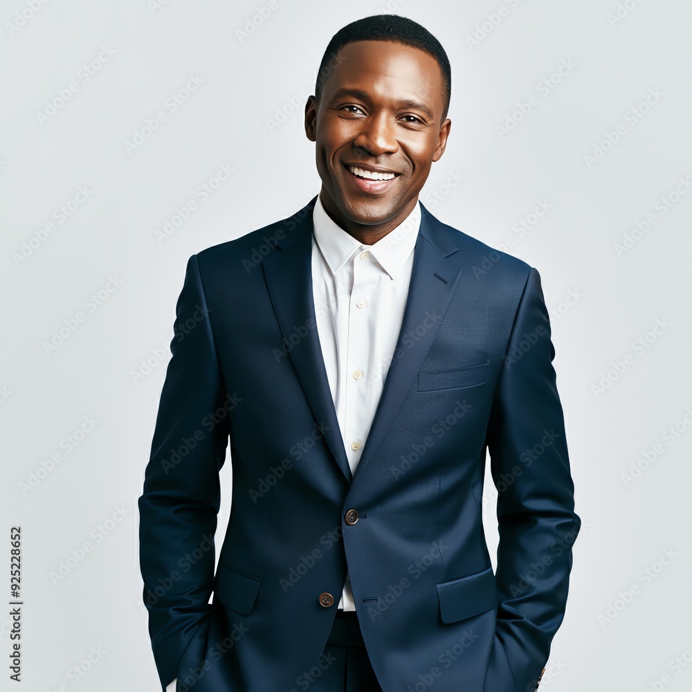A cheerful African American man dressed in a blue suit, facing forward, set against a transparent background. A cheerful African American man dressed in a blue suit, facing forward, set against a transparent background.