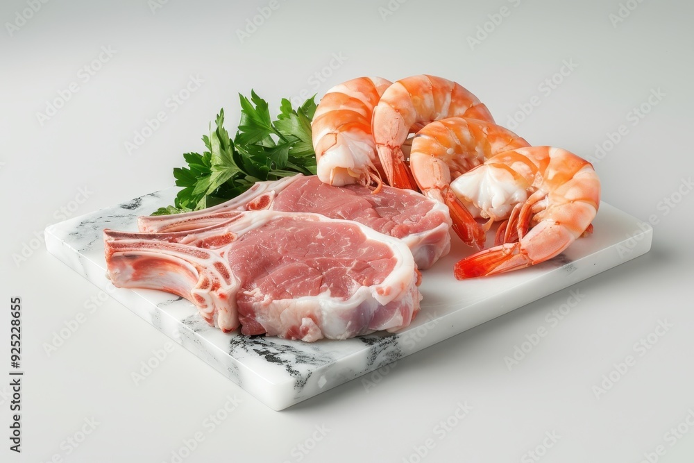 Fresh meat and shrimp are placed on a marble tray Fresh meat and shrimp are placed on a marble tray