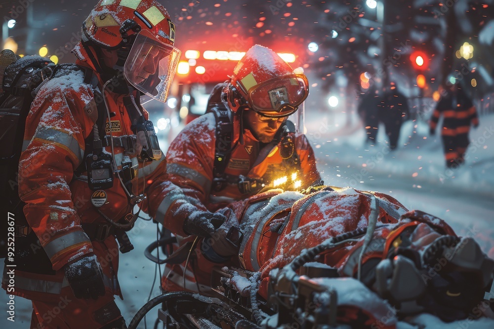 Two firefighters perform a rescue operation in the snowy night, using specialized equipment and showing dedication and bravery amidst challenging weather conditions. Two firefighters perform a rescue operation in the snowy night, using specialized equipment and showing dedication and bravery amidst challenging weather conditions.