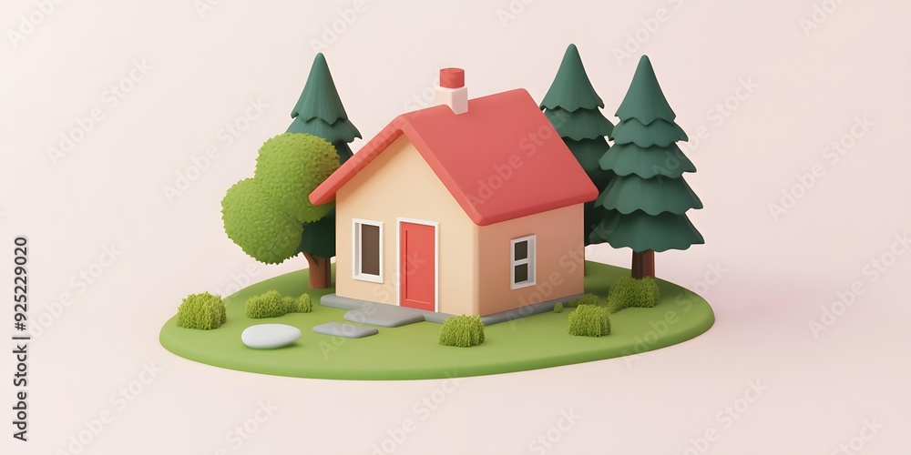 Cute 3D Cartoon Illustration of a Small House in the Woods Cute 3D Cartoon Illustration of a Small House in the Woods