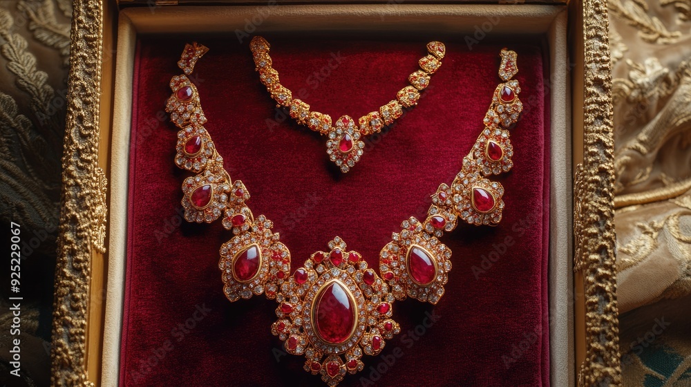 A top-down view of a stunning red and gold necklace, beautifully arranged in a velvet jewelry box, ready for presentation A top-down view of a stunning red and gold necklace, beautifully arranged in a velvet jewelry box, ready for presentation